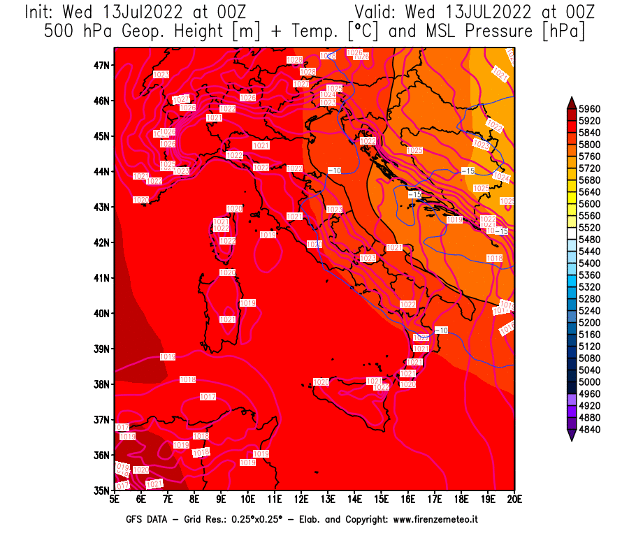 Mappa di analisi GFS - Geopotenziale [m] + Temp. [°C] a 500 hPa + Press. a livello del mare [hPa] in Italia
							del 13/07/2022 00 <!--googleoff: index-->UTC<!--googleon: index-->