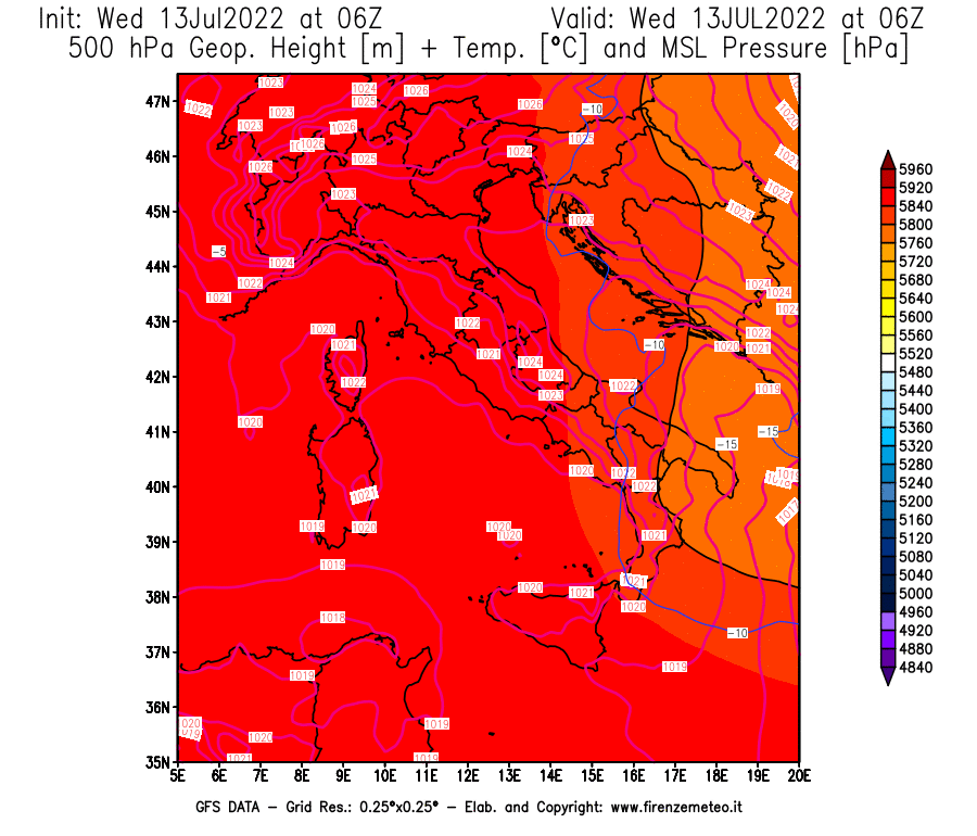 Mappa di analisi GFS - Geopotenziale [m] + Temp. [°C] a 500 hPa + Press. a livello del mare [hPa] in Italia
							del 13/07/2022 06 <!--googleoff: index-->UTC<!--googleon: index-->