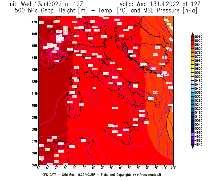 Mappa di analisi GFS - Geopotenziale [m] + Temp. [°C] a 500 hPa + Press. a livello del mare [hPa] in Italia
							del 13/07/2022 12 <!--googleoff: index-->UTC<!--googleon: index-->