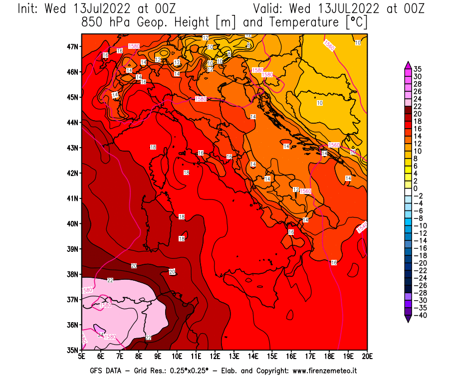 Mappa di analisi GFS - Geopotenziale [m] e Temperatura [°C] a 850 hPa in Italia
							del 13/07/2022 00 <!--googleoff: index-->UTC<!--googleon: index-->