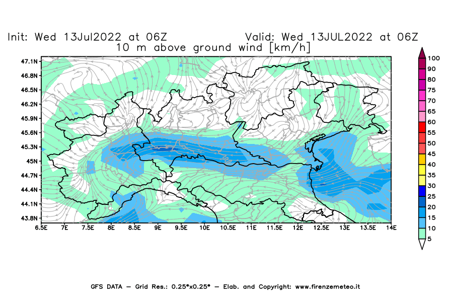Mappa di analisi GFS - Velocità del vento a 10 metri dal suolo [km/h] in Nord-Italia
							del 13/07/2022 06 <!--googleoff: index-->UTC<!--googleon: index-->