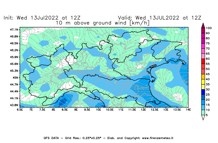 Mappa di analisi GFS - Velocità del vento a 10 metri dal suolo [km/h] in Nord-Italia
							del 13/07/2022 12 <!--googleoff: index-->UTC<!--googleon: index-->