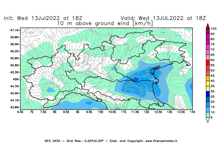 Mappa di analisi GFS - Velocità del vento a 10 metri dal suolo [km/h] in Nord-Italia
							del 13/07/2022 18 <!--googleoff: index-->UTC<!--googleon: index-->