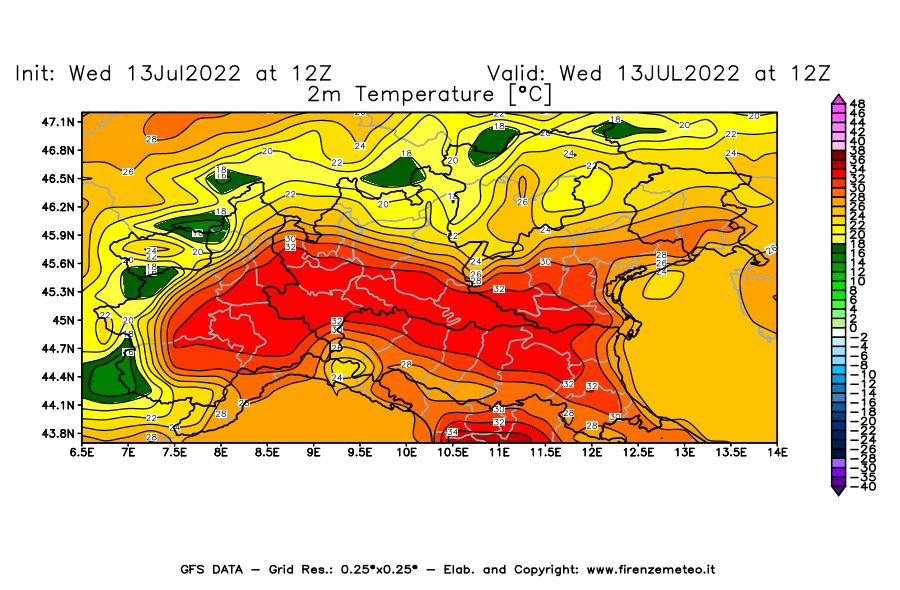 Mappa di analisi GFS - Temperatura a 2 metri dal suolo [°C] in Nord-Italia
							del 13/07/2022 12 <!--googleoff: index-->UTC<!--googleon: index-->