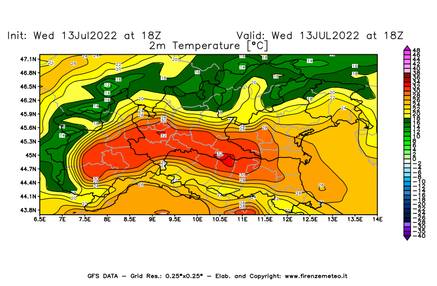 Mappa di analisi GFS - Temperatura a 2 metri dal suolo [°C] in Nord-Italia
							del 13/07/2022 18 <!--googleoff: index-->UTC<!--googleon: index-->