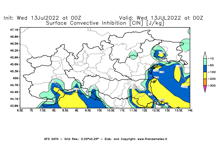 Mappa di analisi GFS - CIN [J/kg] in Nord-Italia
							del 13/07/2022 00 <!--googleoff: index-->UTC<!--googleon: index-->