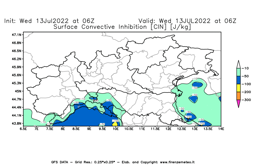 Mappa di analisi GFS - CIN [J/kg] in Nord-Italia
							del 13/07/2022 06 <!--googleoff: index-->UTC<!--googleon: index-->