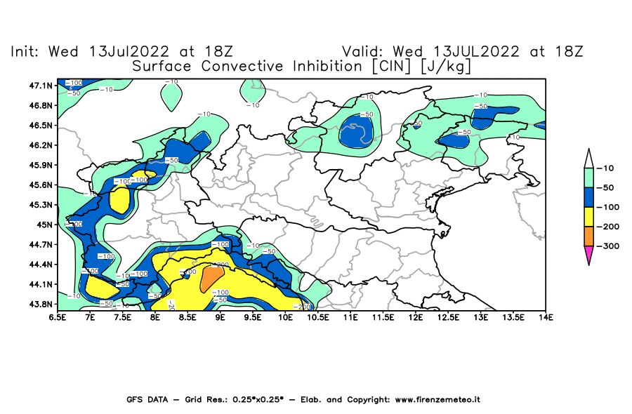Mappa di analisi GFS - CIN [J/kg] in Nord-Italia
							del 13/07/2022 18 <!--googleoff: index-->UTC<!--googleon: index-->