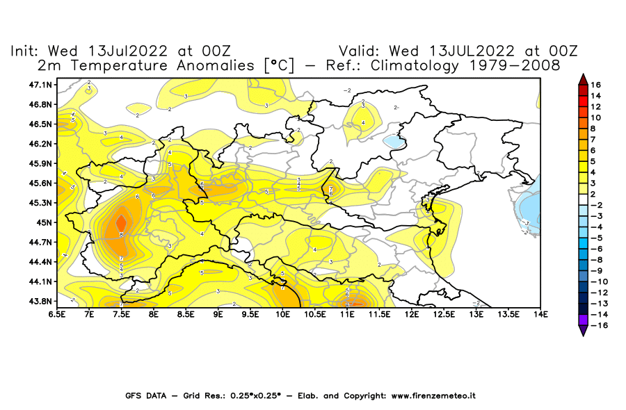Mappa di analisi GFS - Anomalia Temperatura [°C] a 2 m in Nord-Italia
							del 13/07/2022 00 <!--googleoff: index-->UTC<!--googleon: index-->