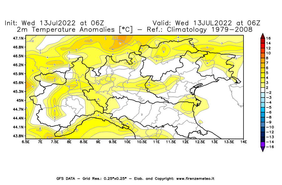 Mappa di analisi GFS - Anomalia Temperatura [°C] a 2 m in Nord-Italia
							del 13/07/2022 06 <!--googleoff: index-->UTC<!--googleon: index-->