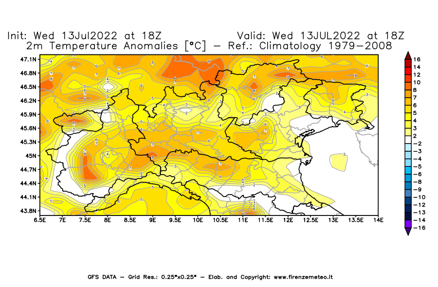 Mappa di analisi GFS - Anomalia Temperatura [°C] a 2 m in Nord-Italia
							del 13/07/2022 18 <!--googleoff: index-->UTC<!--googleon: index-->