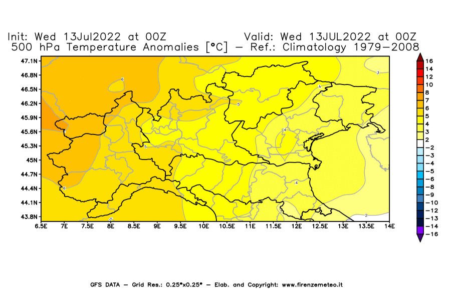 Mappa di analisi GFS - Anomalia Temperatura [°C] a 500 hPa in Nord-Italia
							del 13/07/2022 00 <!--googleoff: index-->UTC<!--googleon: index-->
