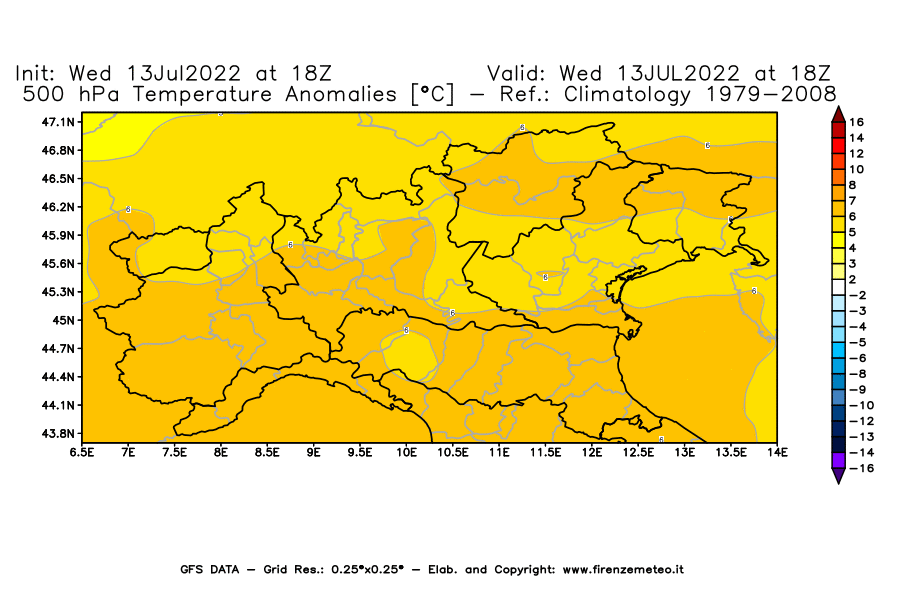 Mappa di analisi GFS - Anomalia Temperatura [°C] a 500 hPa in Nord-Italia
							del 13/07/2022 18 <!--googleoff: index-->UTC<!--googleon: index-->