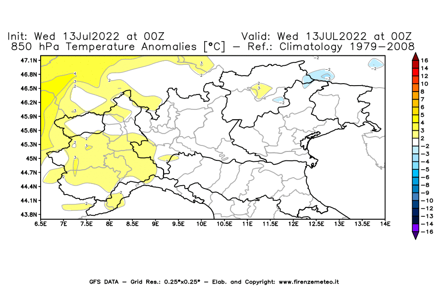 Mappa di analisi GFS - Anomalia Temperatura [°C] a 850 hPa in Nord-Italia
							del 13/07/2022 00 <!--googleoff: index-->UTC<!--googleon: index-->