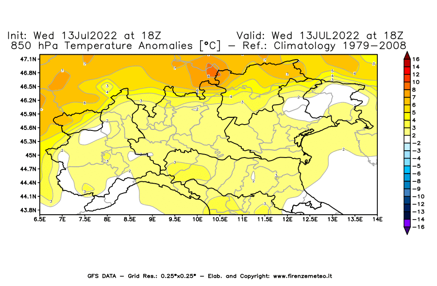 Mappa di analisi GFS - Anomalia Temperatura [°C] a 850 hPa in Nord-Italia
							del 13/07/2022 18 <!--googleoff: index-->UTC<!--googleon: index-->
