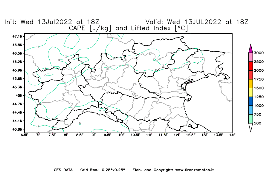 Mappa di analisi GFS - CAPE [J/kg] e Lifted Index [°C] in Nord-Italia
							del 13/07/2022 18 <!--googleoff: index-->UTC<!--googleon: index-->