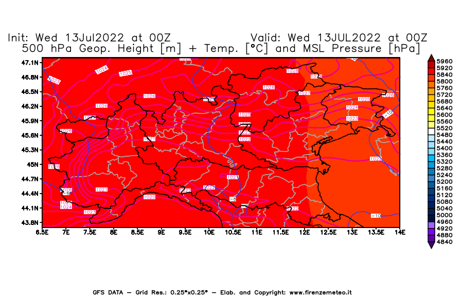 Mappa di analisi GFS - Geopotenziale [m] + Temp. [°C] a 500 hPa + Press. a livello del mare [hPa] in Nord-Italia
							del 13/07/2022 00 <!--googleoff: index-->UTC<!--googleon: index-->