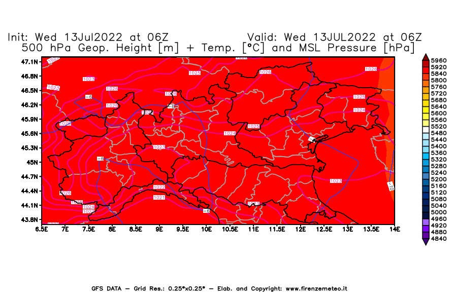 Mappa di analisi GFS - Geopotenziale [m] + Temp. [°C] a 500 hPa + Press. a livello del mare [hPa] in Nord-Italia
							del 13/07/2022 06 <!--googleoff: index-->UTC<!--googleon: index-->