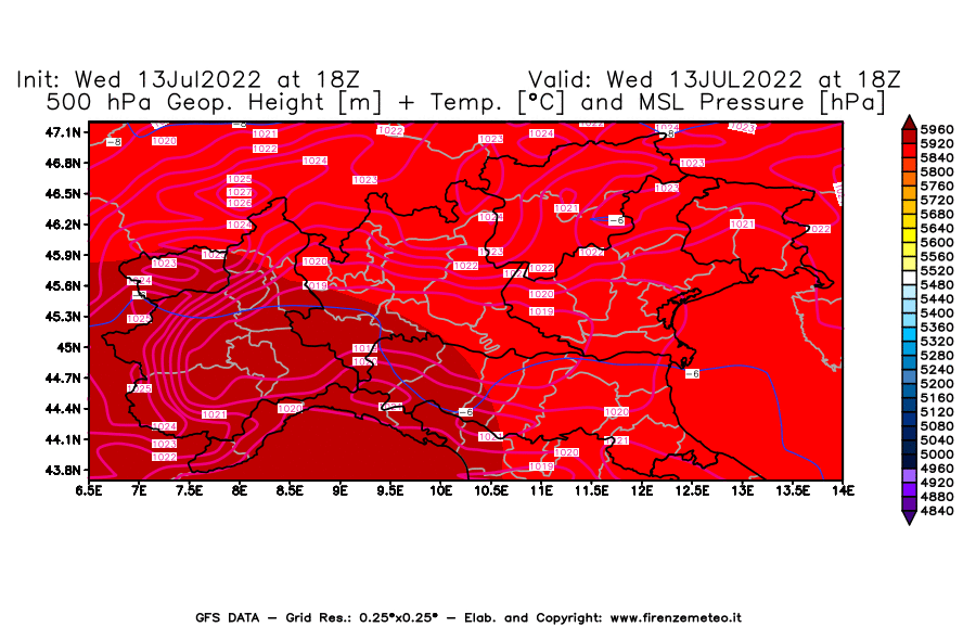 Mappa di analisi GFS - Geopotenziale [m] + Temp. [°C] a 500 hPa + Press. a livello del mare [hPa] in Nord-Italia
							del 13/07/2022 18 <!--googleoff: index-->UTC<!--googleon: index-->