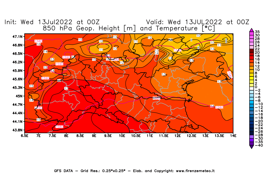 Mappa di analisi GFS - Geopotenziale [m] e Temperatura [°C] a 850 hPa in Nord-Italia
							del 13/07/2022 00 <!--googleoff: index-->UTC<!--googleon: index-->