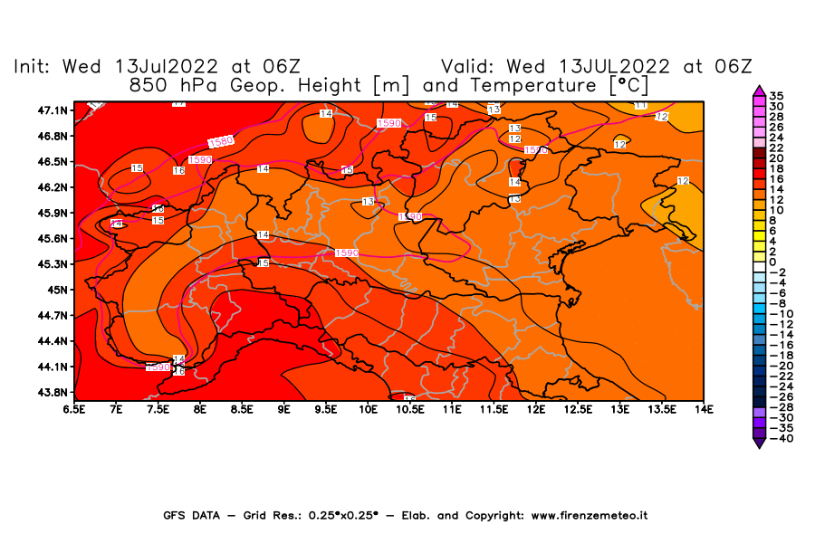 Mappa di analisi GFS - Geopotenziale [m] e Temperatura [°C] a 850 hPa in Nord-Italia
							del 13/07/2022 06 <!--googleoff: index-->UTC<!--googleon: index-->