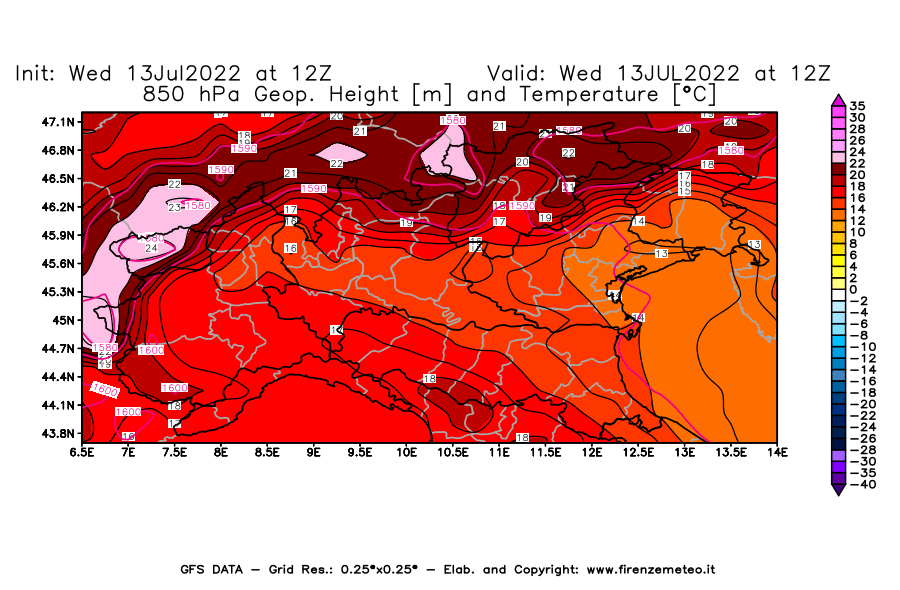 Mappa di analisi GFS - Geopotenziale [m] e Temperatura [°C] a 850 hPa in Nord-Italia
							del 13/07/2022 12 <!--googleoff: index-->UTC<!--googleon: index-->