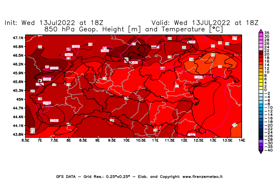 Mappa di analisi GFS - Geopotenziale [m] e Temperatura [°C] a 850 hPa in Nord-Italia
							del 13/07/2022 18 <!--googleoff: index-->UTC<!--googleon: index-->