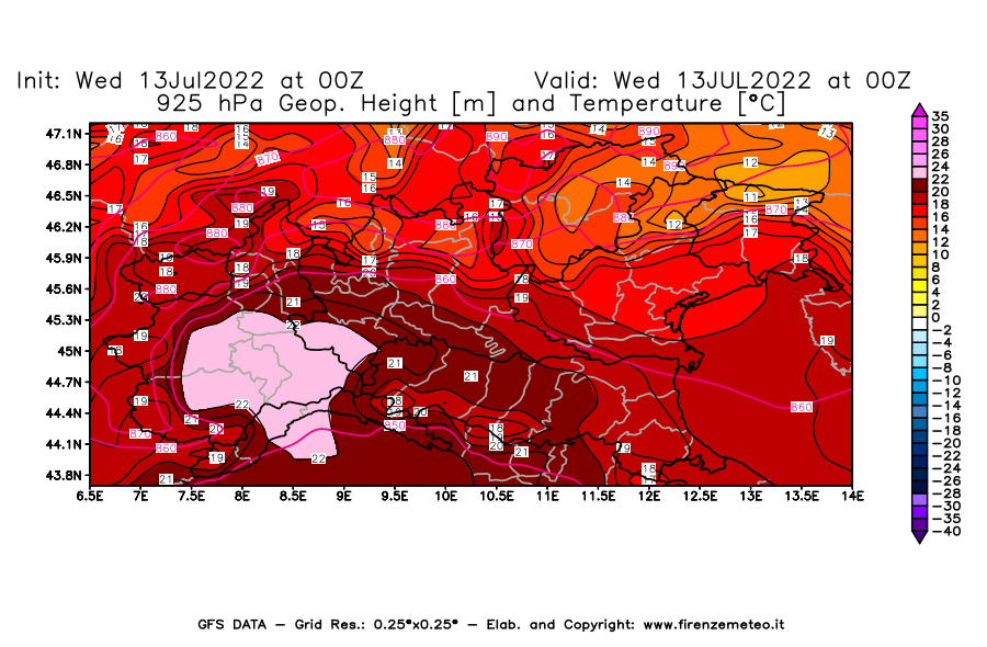 Mappa di analisi GFS - Geopotenziale [m] e Temperatura [°C] a 925 hPa in Nord-Italia
							del 13/07/2022 00 <!--googleoff: index-->UTC<!--googleon: index-->