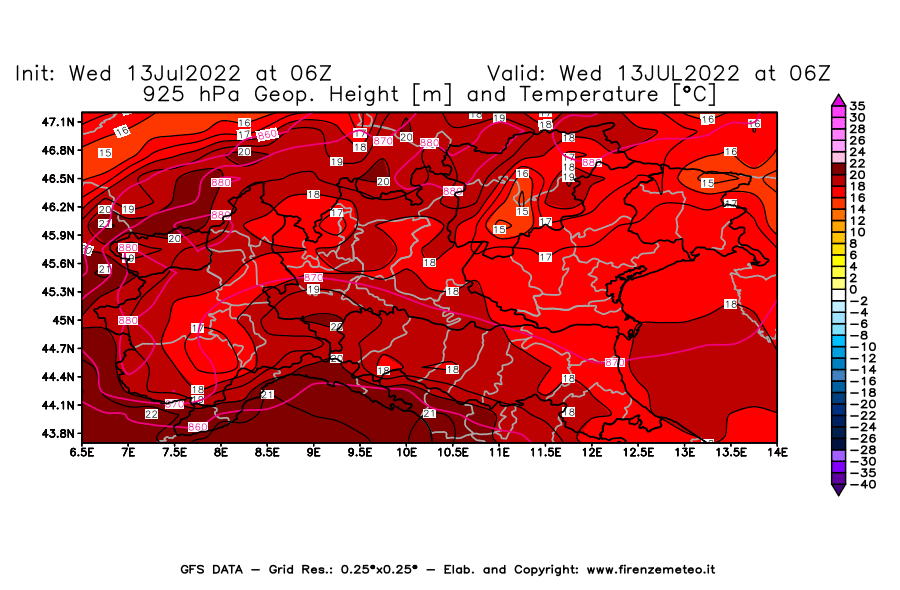 Mappa di analisi GFS - Geopotenziale [m] e Temperatura [°C] a 925 hPa in Nord-Italia
							del 13/07/2022 06 <!--googleoff: index-->UTC<!--googleon: index-->