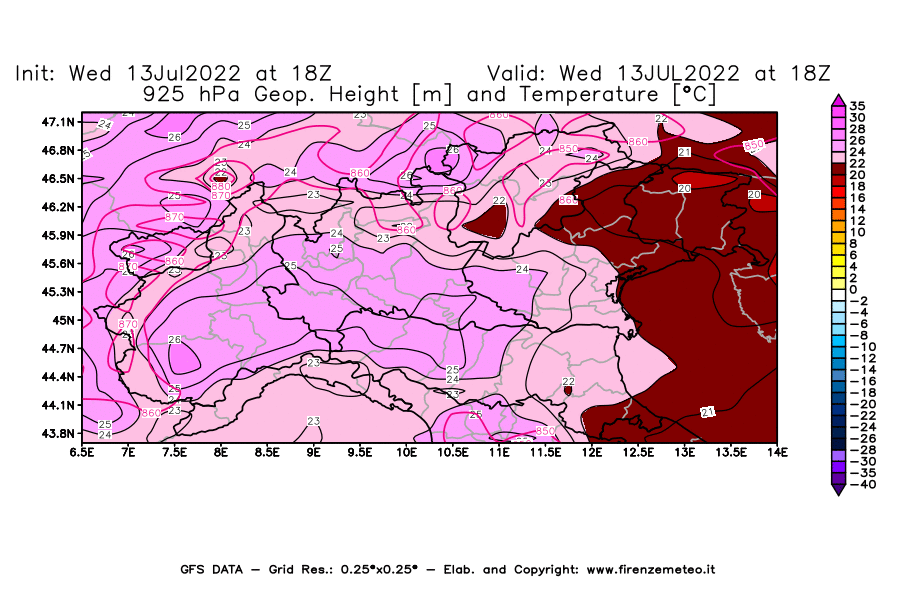 Mappa di analisi GFS - Geopotenziale [m] e Temperatura [°C] a 925 hPa in Nord-Italia
							del 13/07/2022 18 <!--googleoff: index-->UTC<!--googleon: index-->