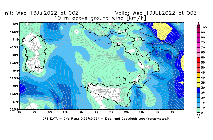 Mappa di analisi GFS - Velocità del vento a 10 metri dal suolo [km/h] in Sud-Italia
							del 13/07/2022 00 <!--googleoff: index-->UTC<!--googleon: index-->