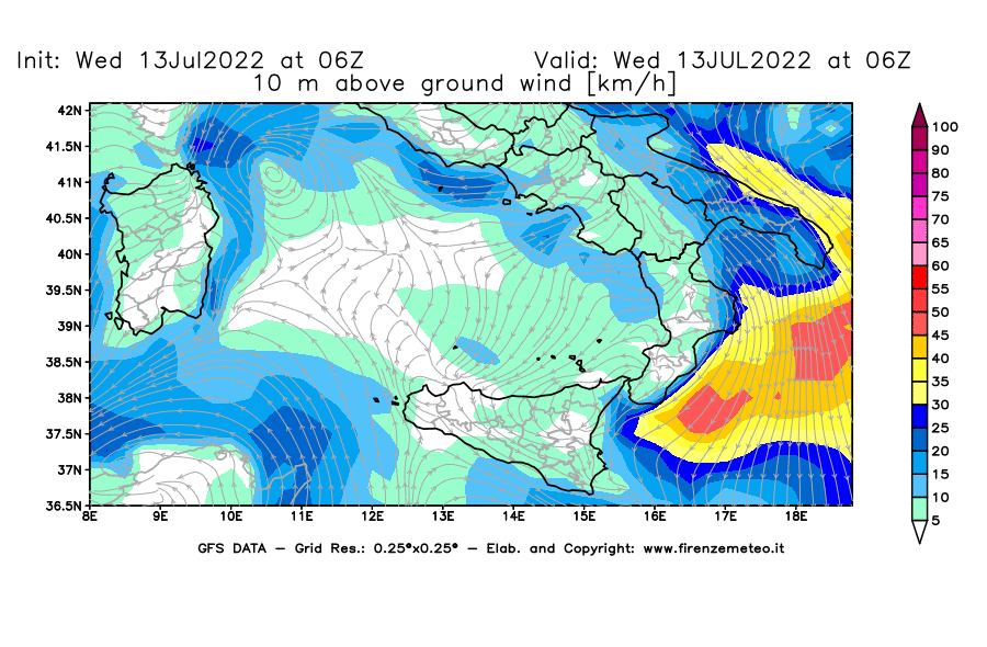 Mappa di analisi GFS - Velocità del vento a 10 metri dal suolo [km/h] in Sud-Italia
							del 13/07/2022 06 <!--googleoff: index-->UTC<!--googleon: index-->