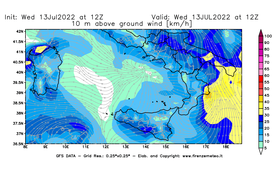 Mappa di analisi GFS - Velocità del vento a 10 metri dal suolo [km/h] in Sud-Italia
							del 13/07/2022 12 <!--googleoff: index-->UTC<!--googleon: index-->
