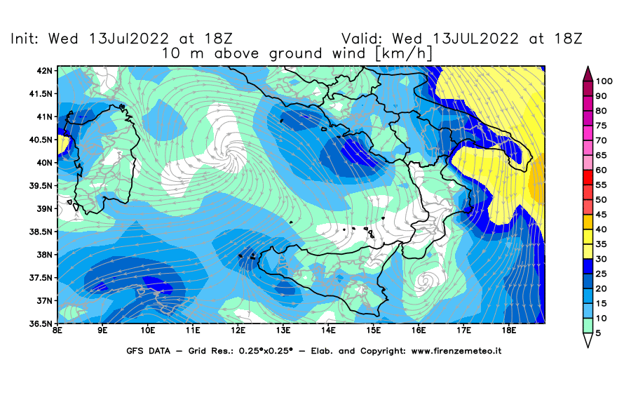 Mappa di analisi GFS - Velocità del vento a 10 metri dal suolo [km/h] in Sud-Italia
							del 13/07/2022 18 <!--googleoff: index-->UTC<!--googleon: index-->