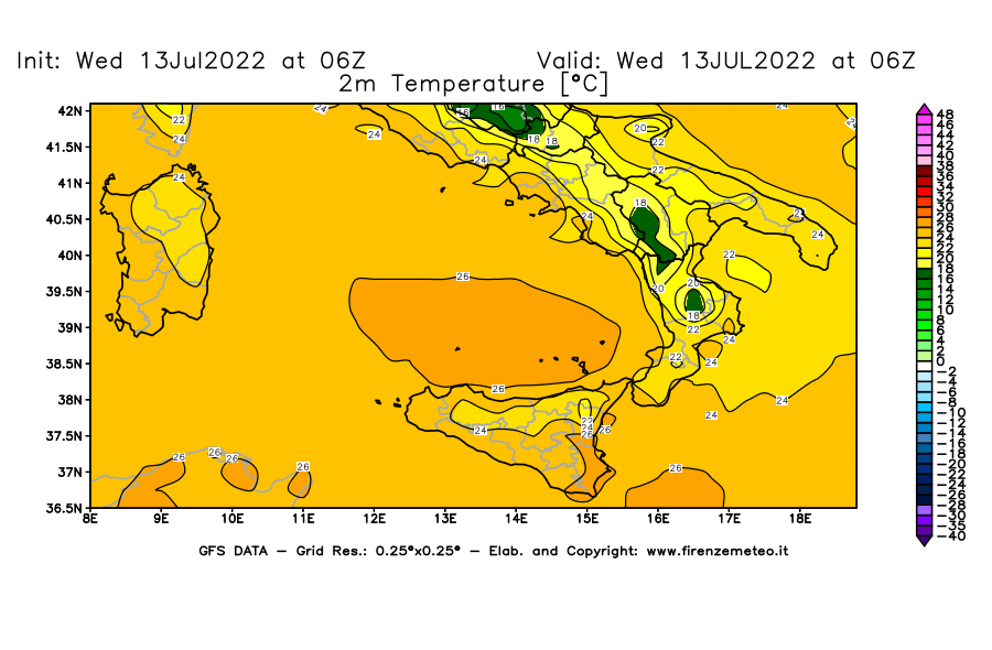 Mappa di analisi GFS - Temperatura a 2 metri dal suolo [°C] in Sud-Italia
							del 13/07/2022 06 <!--googleoff: index-->UTC<!--googleon: index-->