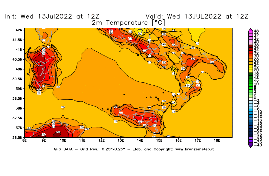 Mappa di analisi GFS - Temperatura a 2 metri dal suolo [°C] in Sud-Italia
							del 13/07/2022 12 <!--googleoff: index-->UTC<!--googleon: index-->