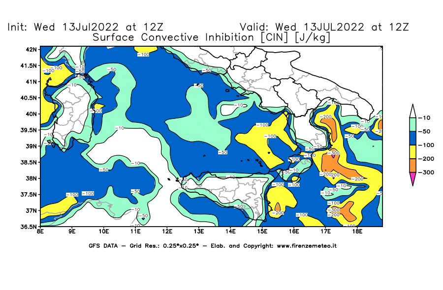 Mappa di analisi GFS - CIN [J/kg] in Sud-Italia
							del 13/07/2022 12 <!--googleoff: index-->UTC<!--googleon: index-->