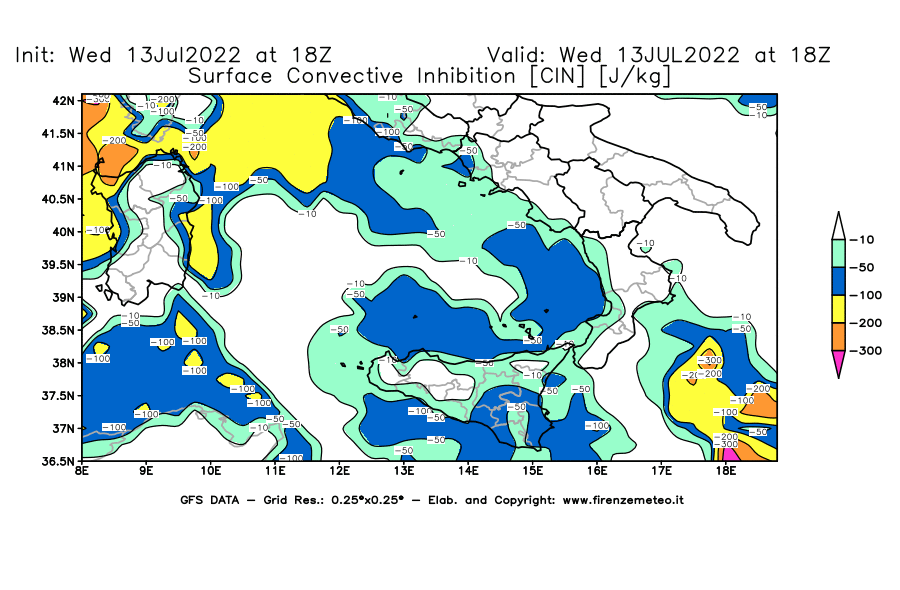 Mappa di analisi GFS - CIN [J/kg] in Sud-Italia
							del 13/07/2022 18 <!--googleoff: index-->UTC<!--googleon: index-->