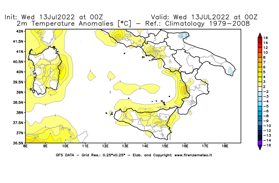 Mappa di analisi GFS - Anomalia Temperatura [°C] a 2 m in Sud-Italia
							del 13/07/2022 00 <!--googleoff: index-->UTC<!--googleon: index-->