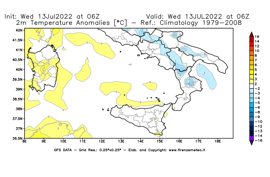Mappa di analisi GFS - Anomalia Temperatura [°C] a 2 m in Sud-Italia
							del 13/07/2022 06 <!--googleoff: index-->UTC<!--googleon: index-->