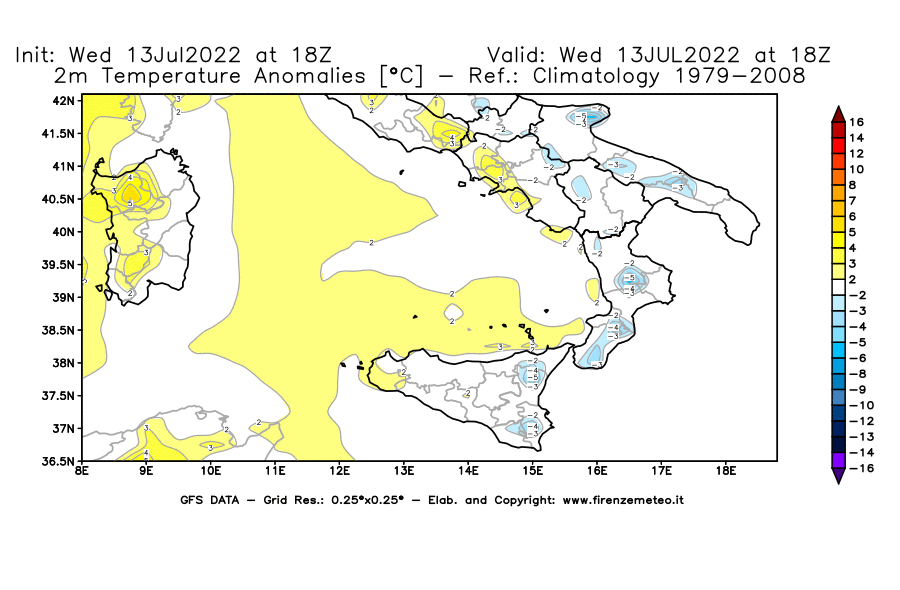 Mappa di analisi GFS - Anomalia Temperatura [°C] a 2 m in Sud-Italia
							del 13/07/2022 18 <!--googleoff: index-->UTC<!--googleon: index-->