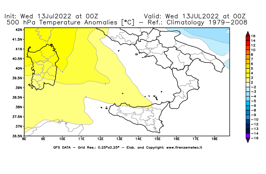 Mappa di analisi GFS - Anomalia Temperatura [°C] a 500 hPa in Sud-Italia
							del 13/07/2022 00 <!--googleoff: index-->UTC<!--googleon: index-->