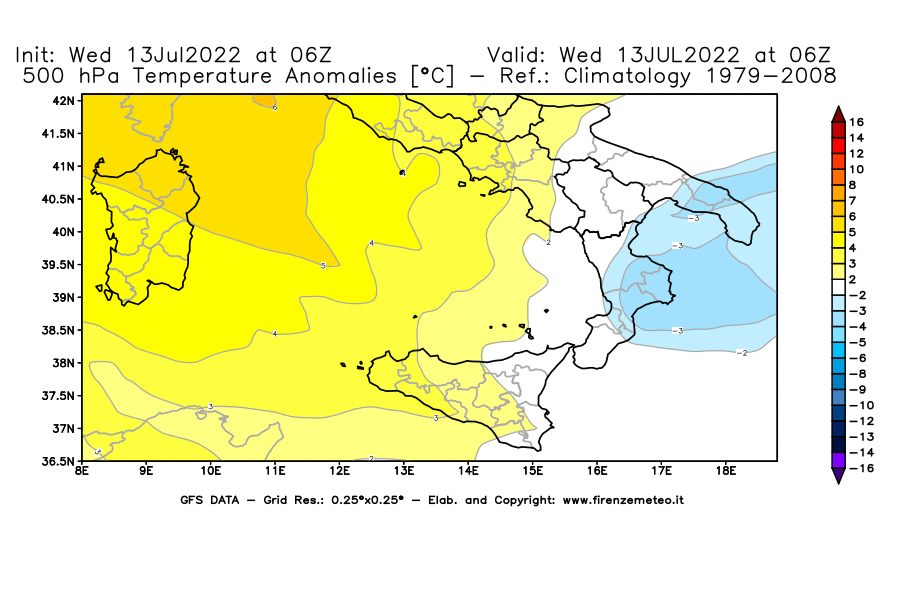Mappa di analisi GFS - Anomalia Temperatura [°C] a 500 hPa in Sud-Italia
							del 13/07/2022 06 <!--googleoff: index-->UTC<!--googleon: index-->