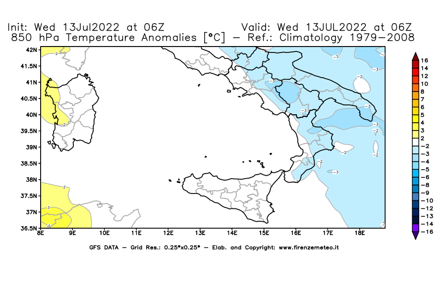 Mappa di analisi GFS - Anomalia Temperatura [°C] a 850 hPa in Sud-Italia
							del 13/07/2022 06 <!--googleoff: index-->UTC<!--googleon: index-->