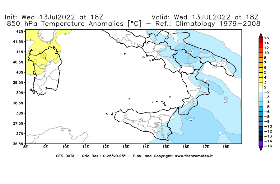 Mappa di analisi GFS - Anomalia Temperatura [°C] a 850 hPa in Sud-Italia
							del 13/07/2022 18 <!--googleoff: index-->UTC<!--googleon: index-->
