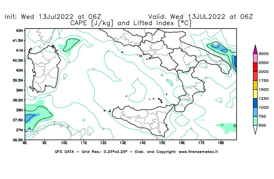 Mappa di analisi GFS - CAPE [J/kg] e Lifted Index [°C] in Sud-Italia
							del 13/07/2022 06 <!--googleoff: index-->UTC<!--googleon: index-->