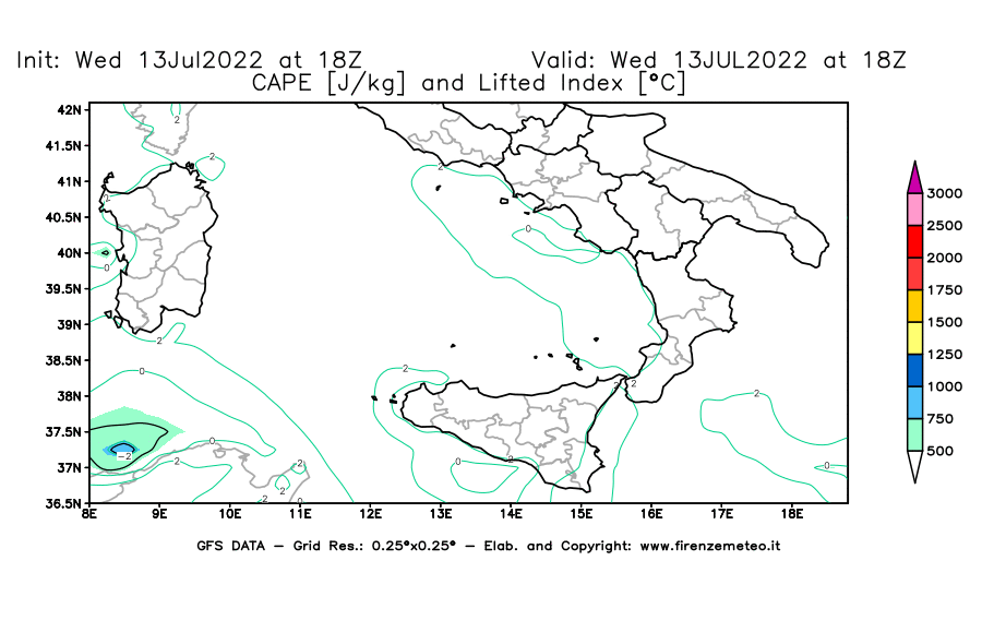 Mappa di analisi GFS - CAPE [J/kg] e Lifted Index [°C] in Sud-Italia
							del 13/07/2022 18 <!--googleoff: index-->UTC<!--googleon: index-->