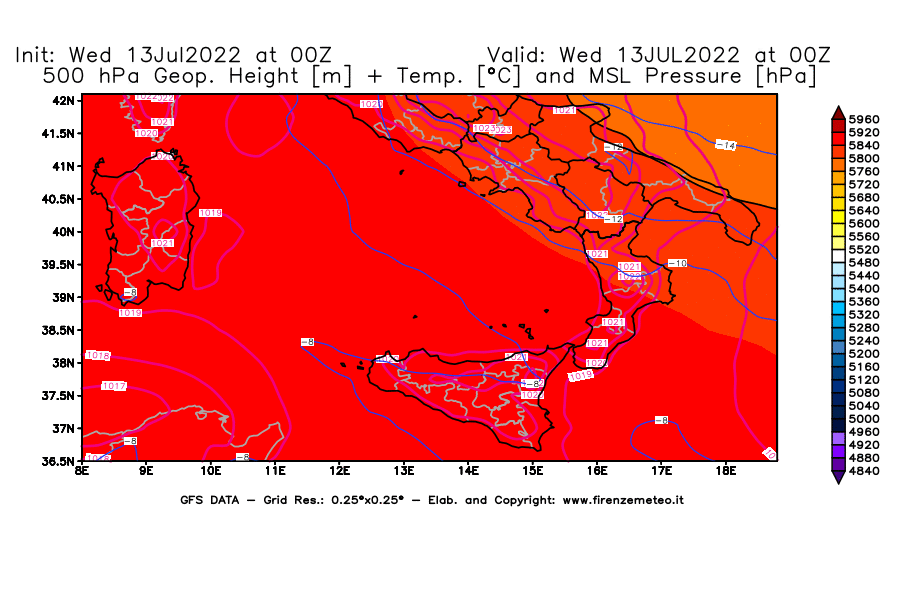 Mappa di analisi GFS - Geopotenziale [m] + Temp. [°C] a 500 hPa + Press. a livello del mare [hPa] in Sud-Italia
							del 13/07/2022 00 <!--googleoff: index-->UTC<!--googleon: index-->
