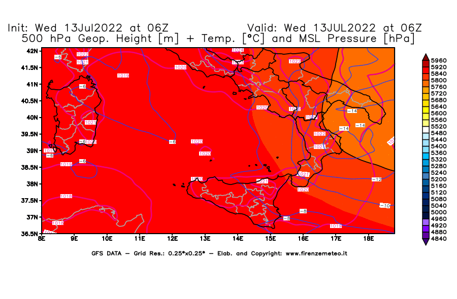 Mappa di analisi GFS - Geopotenziale [m] + Temp. [°C] a 500 hPa + Press. a livello del mare [hPa] in Sud-Italia
							del 13/07/2022 06 <!--googleoff: index-->UTC<!--googleon: index-->