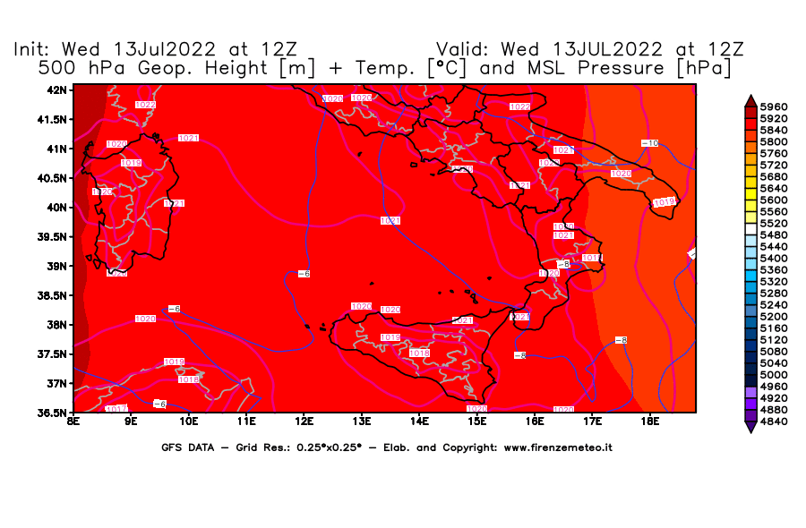 Mappa di analisi GFS - Geopotenziale [m] + Temp. [°C] a 500 hPa + Press. a livello del mare [hPa] in Sud-Italia
							del 13/07/2022 12 <!--googleoff: index-->UTC<!--googleon: index-->